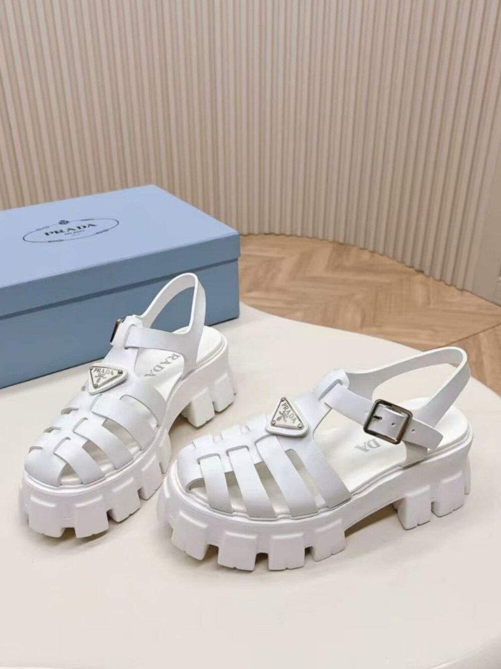 Prada White Chunky Lug‑Sole Roman Sandals Triangle Logo Adjustable Buckle Strap